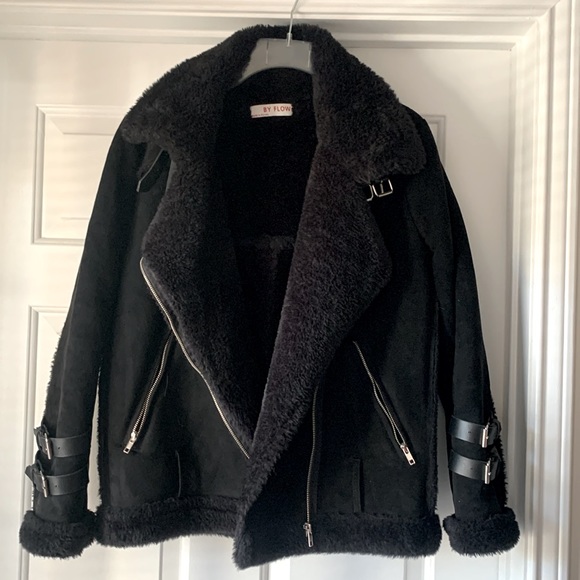 By Flow Black Belted Faux Suede & Fur Jackets - Picture 1 of 15